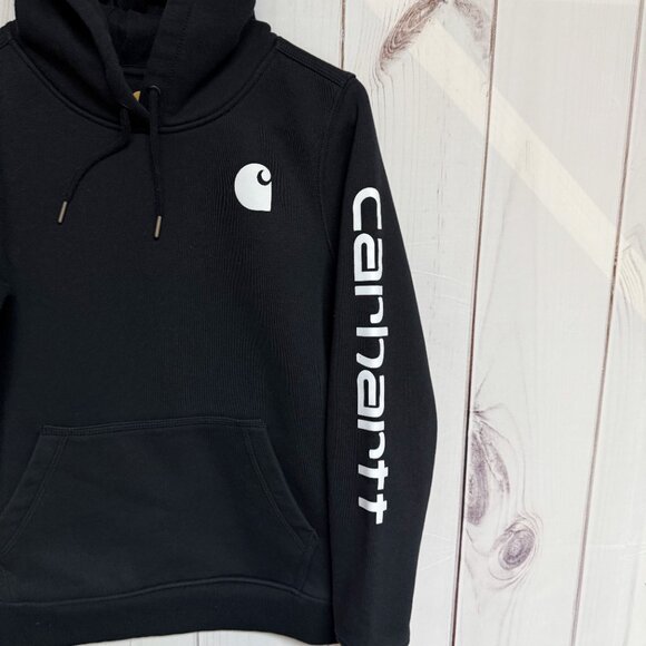 Carhartt Women’s Small Black Logo Sleeve Pullover Hoodie EUC - Picture 2 of 8